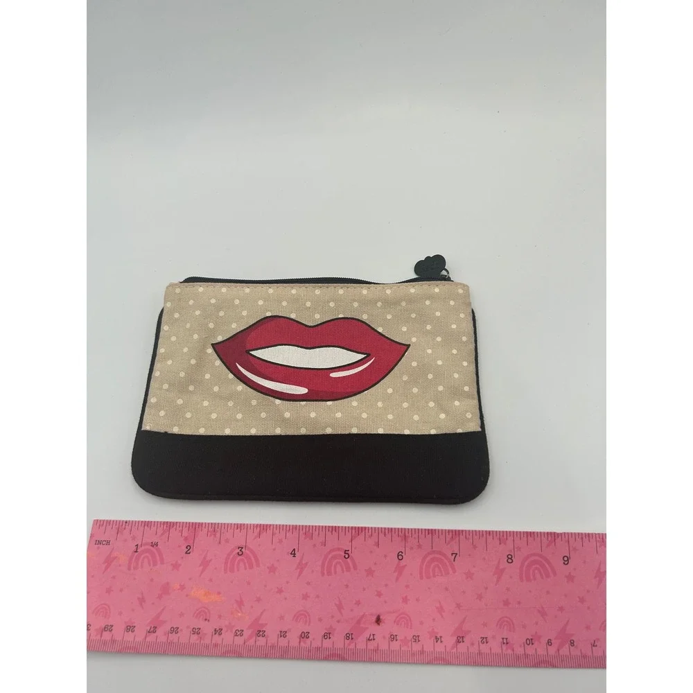 Lips Polka Dot Canvas Makeup Bag Cosmetic Pouch Tan Black Red Zippered Case
